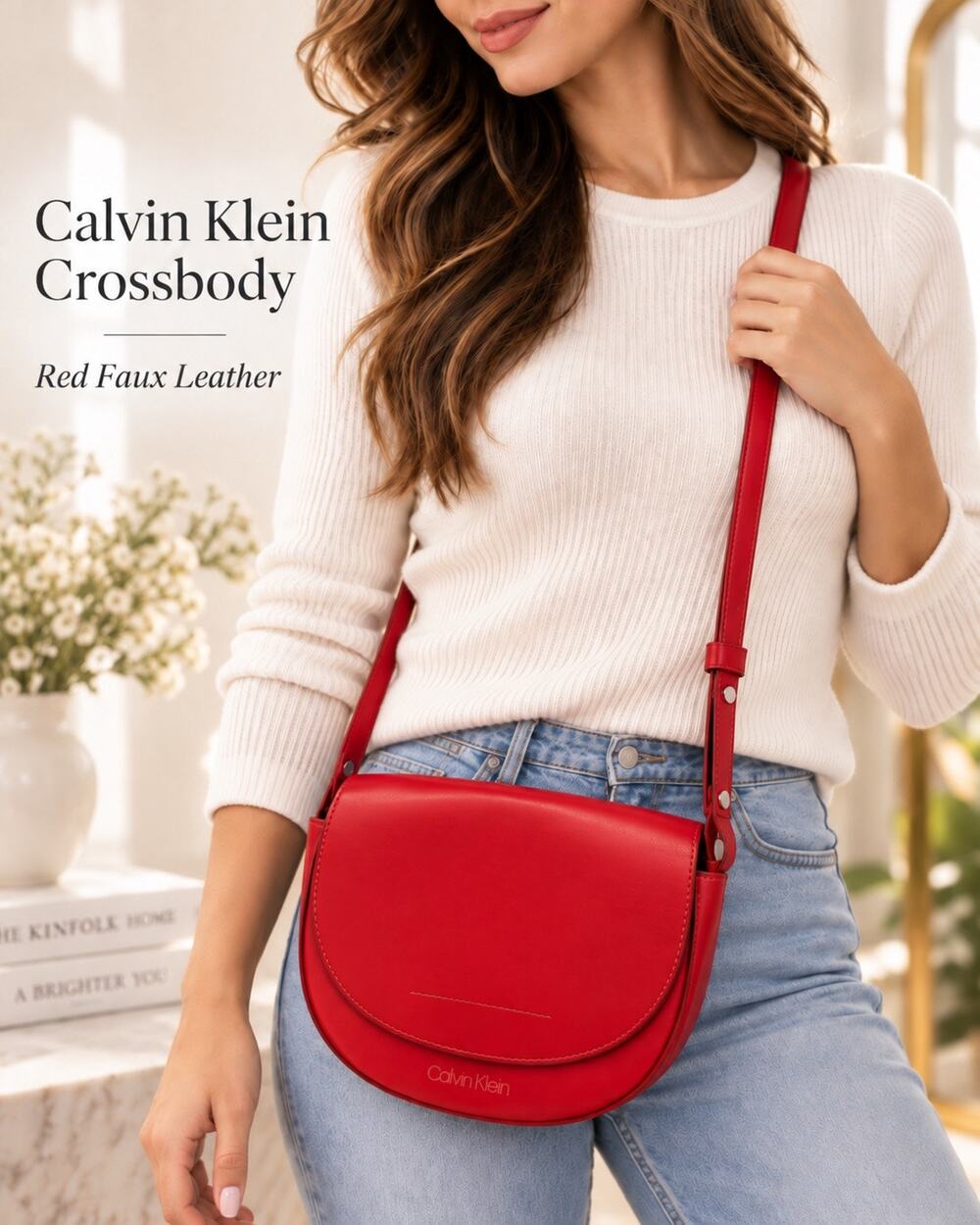 Calvin Klein Red Faux Leather Saddle Crossbody Bag Adjustable Strap